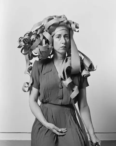 Carol Sawyer, The Natalie Brettschneider Archive, 2000-ongoing (Natalie Brettschneider performs Rapunzel and Medusa sit down to chat about war Around 1947), Archival ink-jet print from original negative.