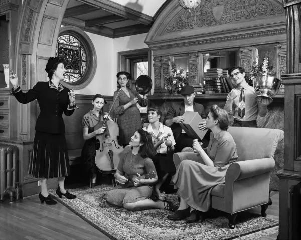 Carol Sawyer, The Natalie Brettschneider Archive, 2000-ongoing (Natalie Brettschneider and unknown music ensemble at the Booth family residence, Ottawa, Around 1947), Archival Ink jet print from original negative, Gift of Justin Wannacott, 2015.
